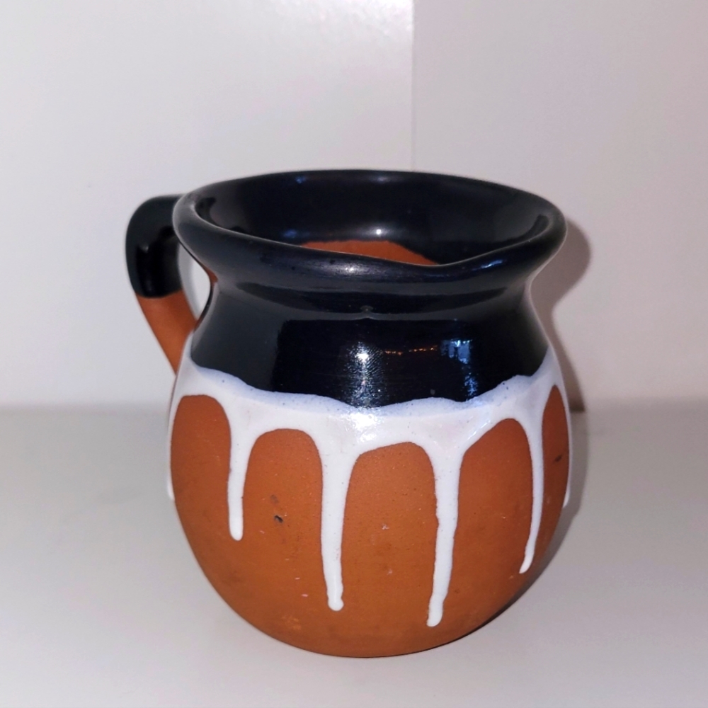 Vintage Jarrito Mexican Pottery Mug Blue and White Paint Drip